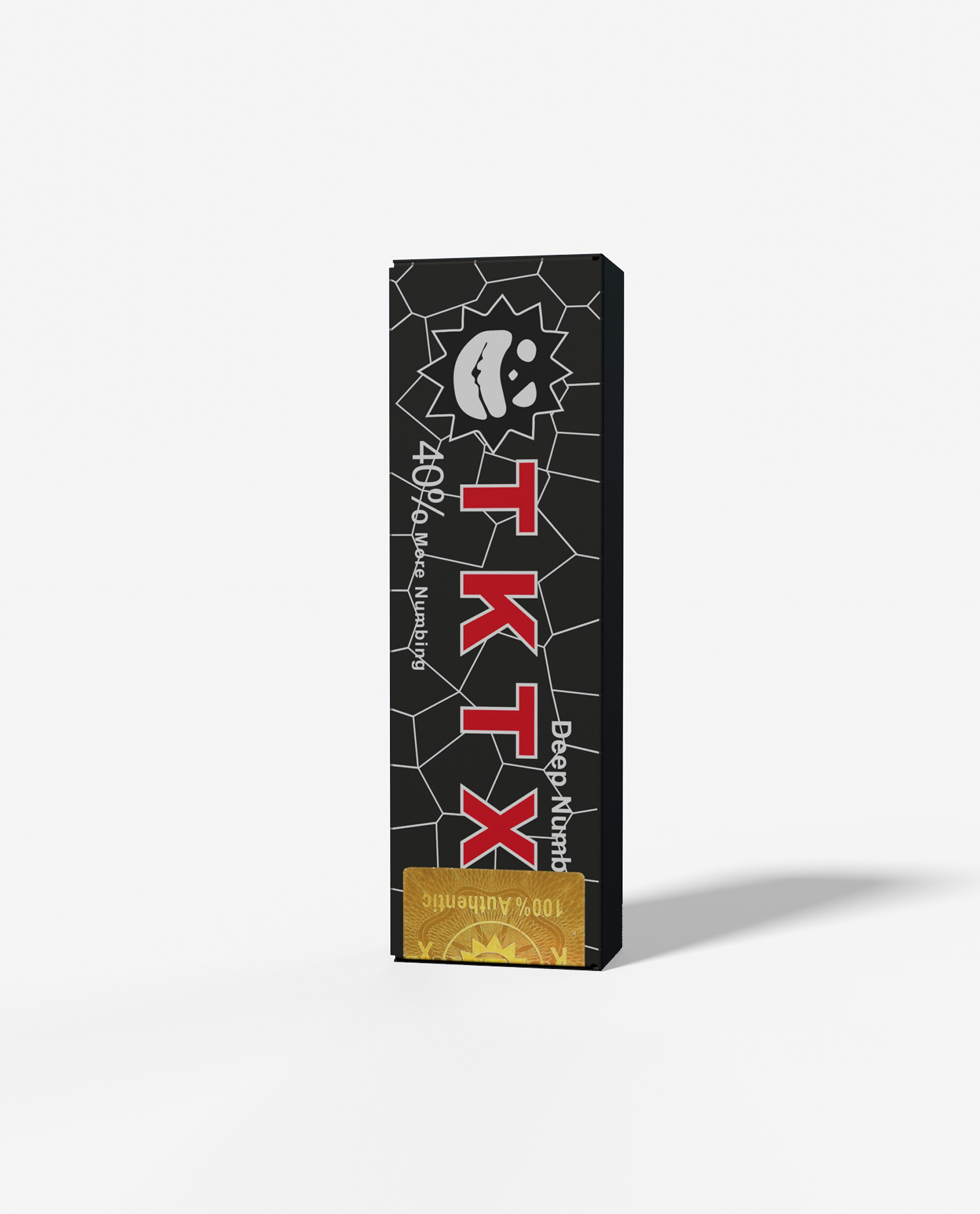 TKTX の麻酔クリームのパッケージ。「40% More Numbing」「Deep Numbing」と大きく表示されているが、これはリドカイン濃度ではなく強さの表示